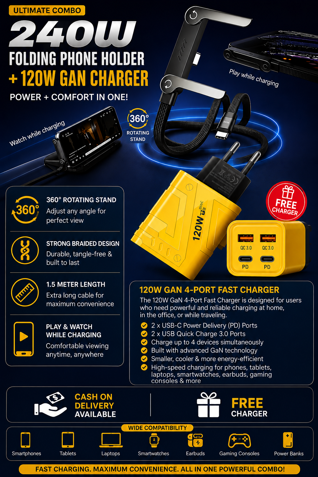 240W 2-in-1 Data Cable With Stand + 120W  Fast Charger 4-Port USB & USB-C PD Travel Adapter