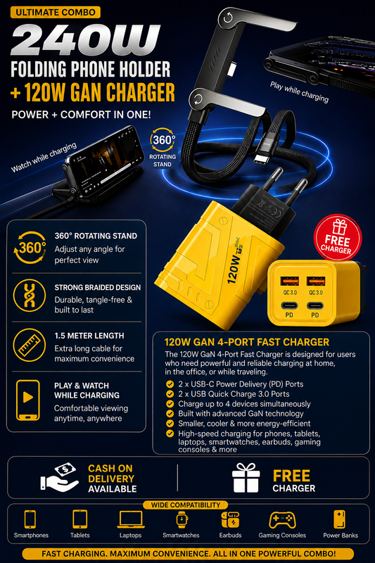 240W 2-in-1 Data Cable With Stand + 120W  Fast Charger 4-Port USB & USB-C PD Travel Adapter